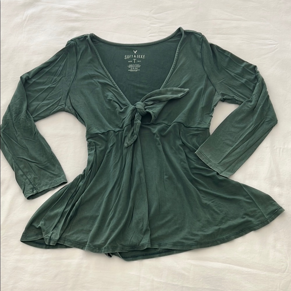 American Eagle Forest Green Tie-Front Women's Top